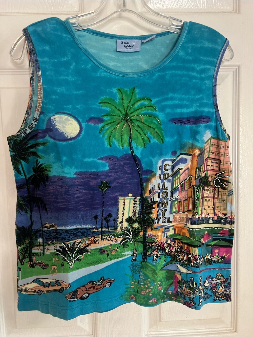 Vtg Jane Ashley Women’s XL graphic beach city Painting Tank Top Sequin Artsy